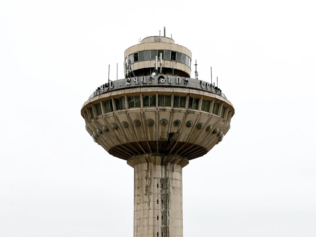 Close-up of the Zvartnots Airport control tower in Yerevan, Armenia.