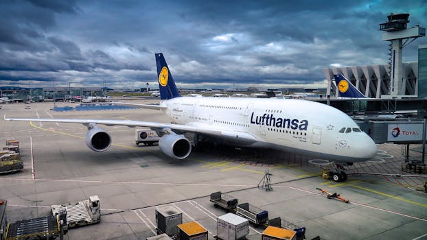 Lufthansa Airbus A380 parked at the airport gate, ready for departure under a dramatic cloudy sky.